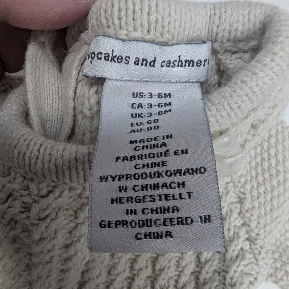 Cupcakes & Cashmere Baby Girl's Beige Knit Sweater Dress Pom Pom Trim, 3-6 Month
